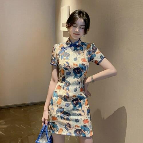 2020 New Print Cartoon Kawaii Cute Dress Ladies Short Sleeve Tight Qipao Retro Dress Women Chinese Traditional Harajuku Dresses