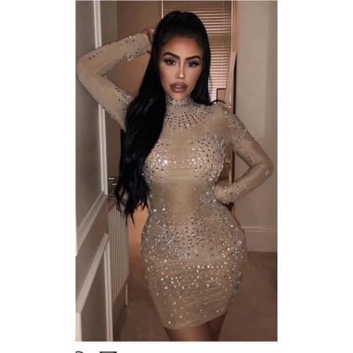 2019 Autumn New Women Brown Mesh Fashion Long Sleeve Bandage Dress Beading Celebrity Sexy Party Christmas Dress 2 Pieces