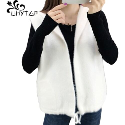 UHYTGF Imitation Mink Fleece Sweater Vest Woman Fashion Hooded Sleeveless Autumn Winter Tops Waistcoat Cardigan Female Coat 1177