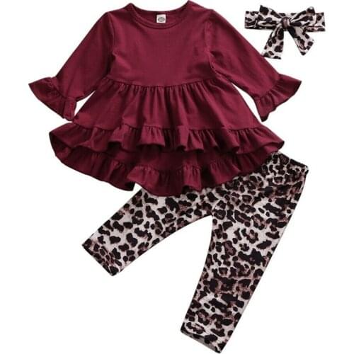 Baby Spring Autumn Clothing Toddler Baby Girl Clothes Flare Long Sleeve Tops Dress Leopard Pants Headband 3Pcs Outfits 1-6T