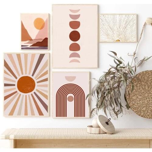 Abstract Sun Moon Painting Plant Orange Wall Art Canvas Print Boho Posters Nordic Wall Pictures For Living Room Home Decor