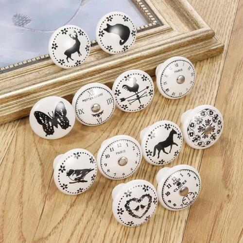 White Print Ceramic Round Handles Pulls Knobs For Drawer Cabinet Furniture Hardware Furniture Drawer Cupboard Door Knobs 1PC