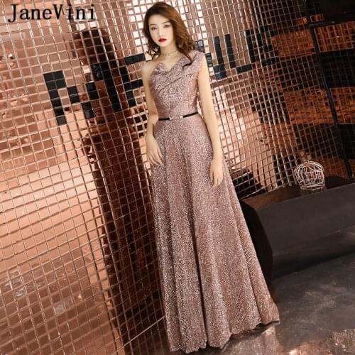 JaneVini Sexy A Line Long Prom Dresses Plus Size 2019 One Shoulder Sleeveless Sparkle Sequined Backless Women Prom Party Gowns