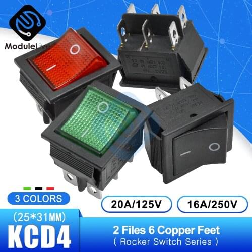 KCD4 Rocker Switch Power Touch On/off Ship Type Switch 2 Files 6 Pins Feets with light 16A 250V 30A 125V 25*31mm Cap