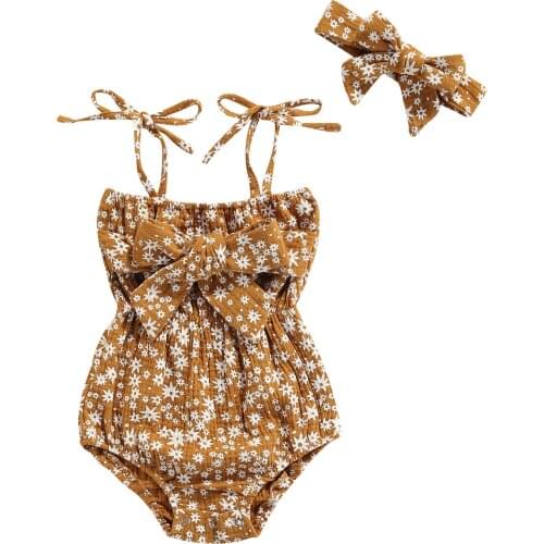 2021 0-24M Infant Baby Girl Summer Romper Sweet Bow Floral Print Sleeveless Tunic Sleeveless Playsuit+Headband 2pcs Outfits