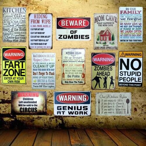 [ Mike86 ] Beware Zombies Kitchen Family Rule Wall Tin Sign Metal Painting Retro Gift Pub Office Home Decor 20X30 CM AA-938B