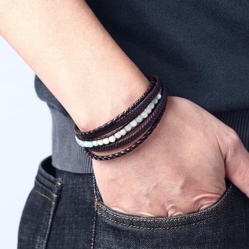 Multilayer Braided Genuine Leathe Men Bracelet Bangles Stainless Steel Magnetic-clasp Natural Stone Bracelet For Friend Gift