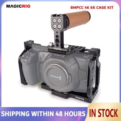MAGICRIG Camera Cage Kit With Top Leather Handle for Blackmagic Pocket Cinema Camera BMPCC 4K /BMPCC 6K to Mount Microphone Flas