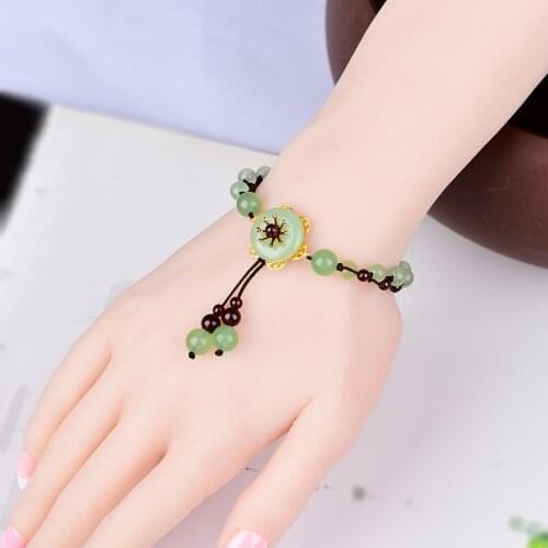National Style Natural Green Jade Dongling Flower Adjustable Diy Bracelet Jewellery Fashion Hand Knitted Women Garnet Bangle