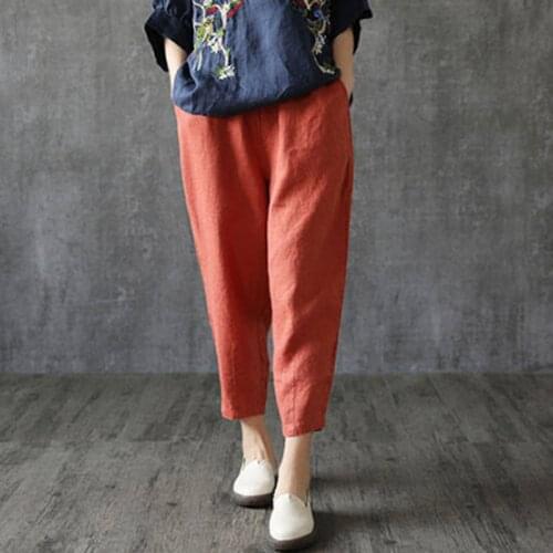 Solid Pockets Womens Trousers Plus Size Ankle-Length Pants Casual Cotton Linen Trousers Mid Waist Loose Female Summer Pants