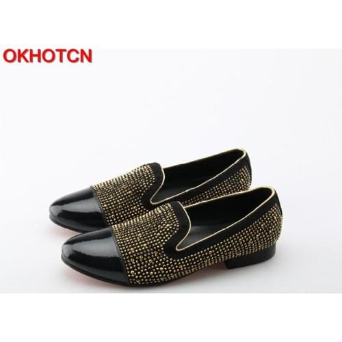OKHOTCN Men Loafers Pointed Toe Leather Shoes Fashion Gold Rivets Studded Men Flat Shoes Breathable Loafers Popular Men Shoes