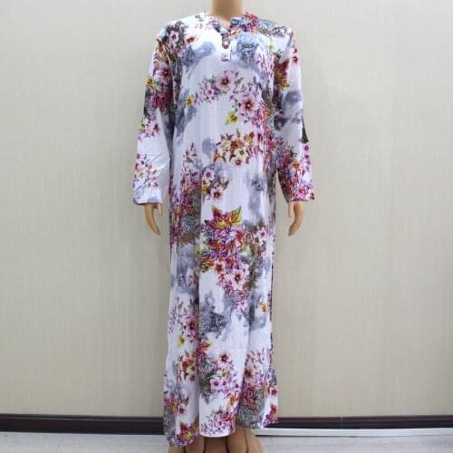 Floral Print Elegant Long Sleeve Botton Autumn Vintage Cotton and Linen African Dresses for Women