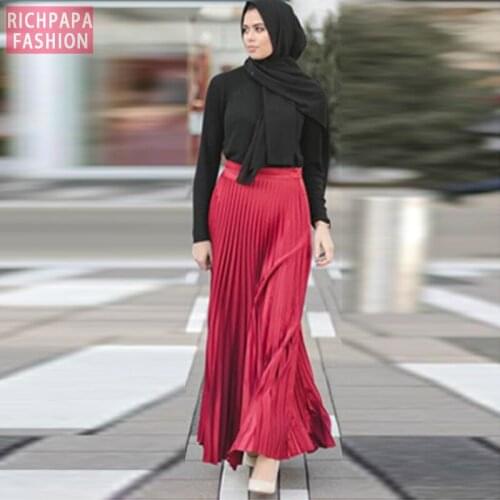 Pleated Muslim Skirt Women Kaftan Abaya Turkey Islamic Moslim Skirts Elbise Musulman Vetement Femme Dubai Jupe Musulmane