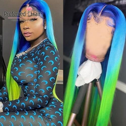 Preferred Preplucked Full Lace Human Hair Wigs Green Blue 13x6 Straight Lace Front Wig Remy Pink Orange Ombre Human Hair Wig