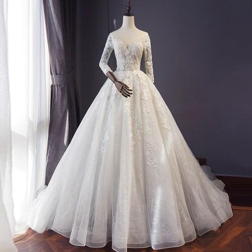 Three Quarter Sleeve Beading Appliques Lace Tulle Wedding Dresses China Vestido Novia Bridal Gowns Alibaba Online Shopping