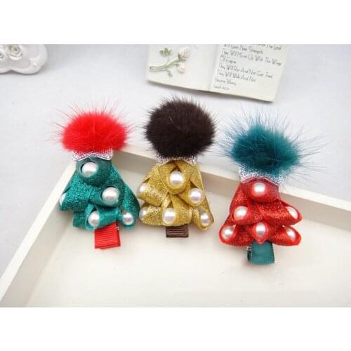10pcs Fashion Cute Glitter XMAS Tree Hairpins Fur Pom Pom PU Star Ribbon Tree Hair Clips Xmas Party Headwear Hair Accessories