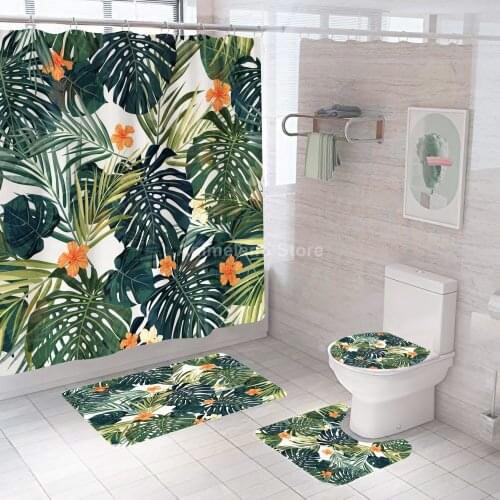Green Leaves Shower Curtains Ins Fashion Bathroom Curtain Bath Sets Toilet Cover Mat Non-Slip Washroom Rug Set Modern 180x180cm