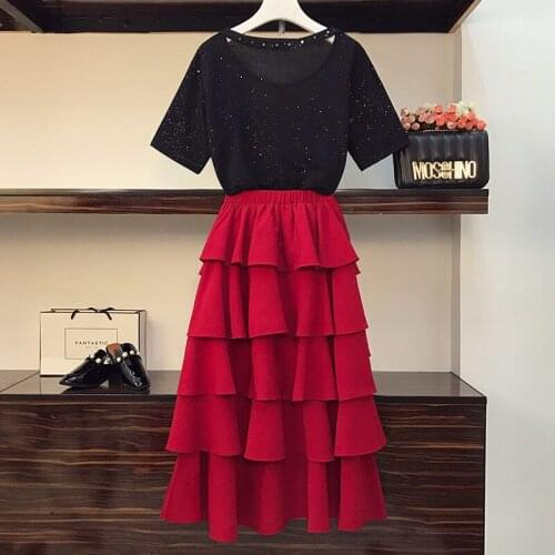 Casual Plus Size Womens 2021 Spring And Summer New Temperament Rivet Blouse Irregular Cake Skirt Fashion Two Piece Suit zh540