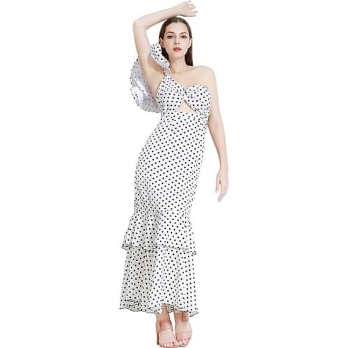 Womens Evening Party Dress Chiffon Polka Dot Knot One shoulder Dress Ruffled Sleeve Boho Vacation Long Dress Beach Sundress