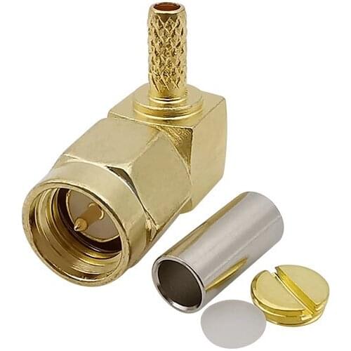 1Pcs SMA Male Plug Right Angle Crimp Connector Brass Gold-plated RF Coaxial Coax Solder Adapter for RG316 RG174 LMR100 Cable