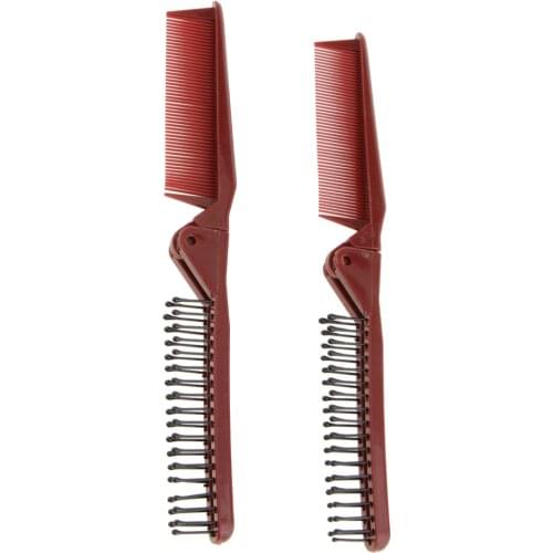 2Pcs Portable Small Travel Folding Plastic Dual Wine Red Hair Brush Pocket Comb Anti-Static 8.4inch Length