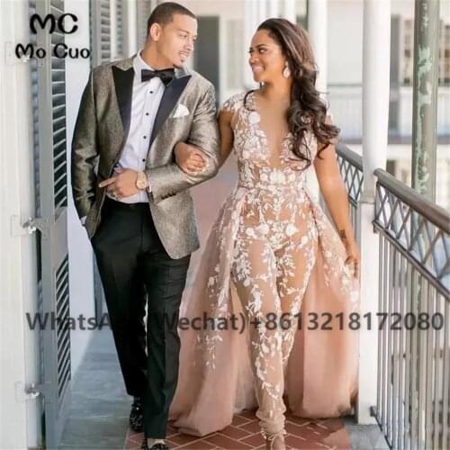 2021 Bohemia Champagne Jumpsuit Wedding Dresses Long with Lace Appliques Pleated Ruched Modest Wedding White Bridal Gowns