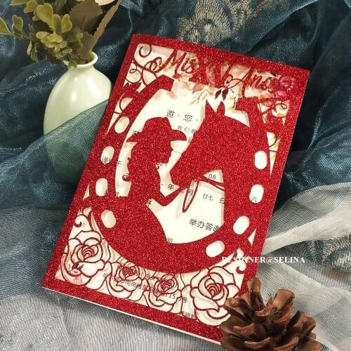 50pc Red Glitter Quinceanera Invitation Sweet Sixteen Glitter Horse DIY Laser Cut Western Wedding Cards With Envelope