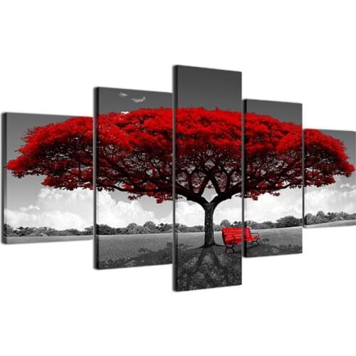 5D Embroidery Diamond Picture Landscape Home Decor 5 Pcs Painting Red Tree Full Round Drill Cross Stitch Wall Art Handmade Gift