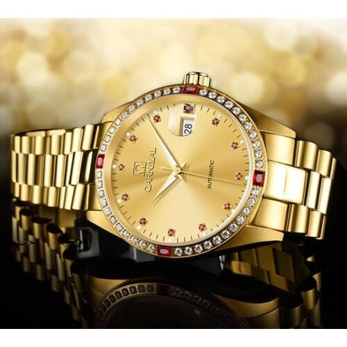 Luxury Gold Watch Men Switzerland CARNIVAL Watch Automatic Calendar Waterproof Luminous Full Steel Mechanical Watches Mens 2021
