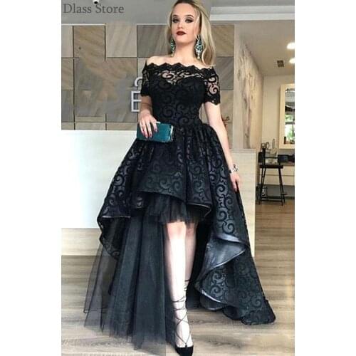 Black Homecoming Dress 2020 Laces Luxury Off Shoulder Short Sleeve Boat Neck Short Front Long Back Evening Dress вечернее платье