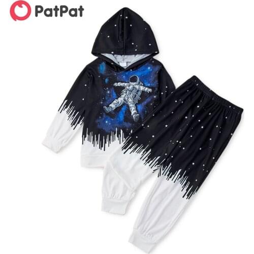 PatPat 2-piece Kid Boy Astronaut Space Print Hoodie and Colorblock Pants Casual Set