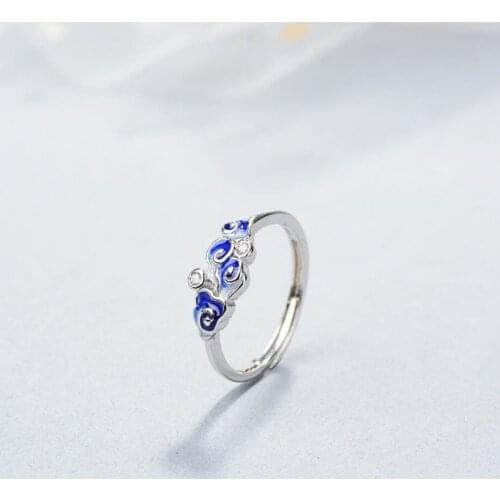 Sole Memory Blue Drip Glaze Mermaid Cloud Sweet Exquisite 925 Sterling Silver Female Resizable Opening Rings SRI291