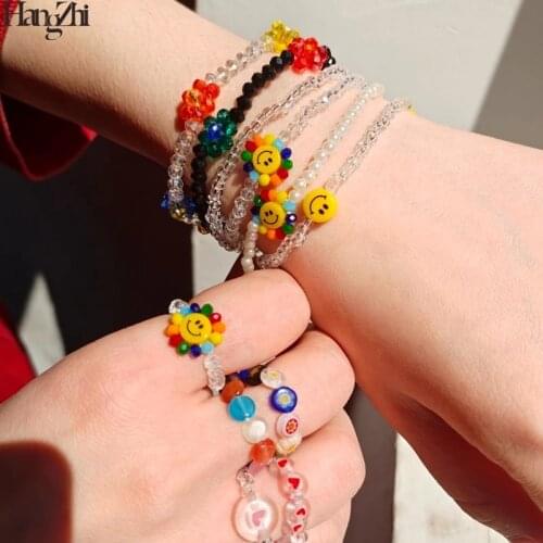 HANGZHI 2021 Korean Sunflower Colorful Smiley Face Transparent Acrylic Pearl Beads Rings for Women Girls Party Jewelry Gifts