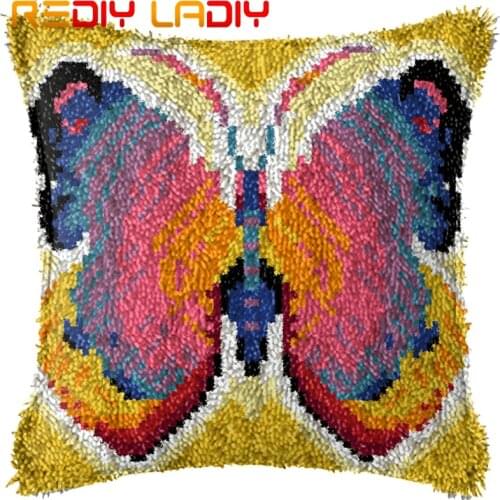 Latch Hook Cushion Colorful Butterfly Pillow Case Pre-Printed Canvas Acrylic Yarn Latched Sofa Pillow Crochet Cushion Cover Kits