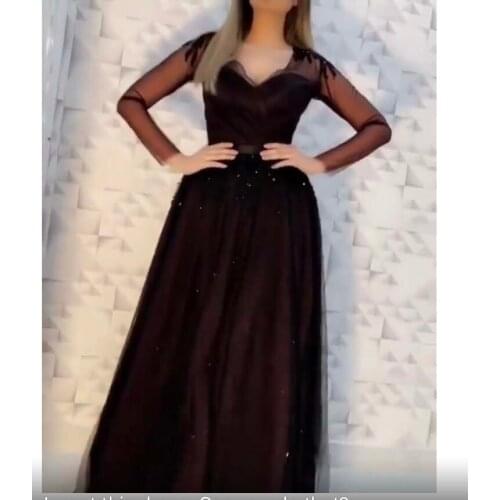 Fashion Black V Neck Beaded Dotted Tulle Black Beaded Heavily A Line Floor Length Prom Dresses