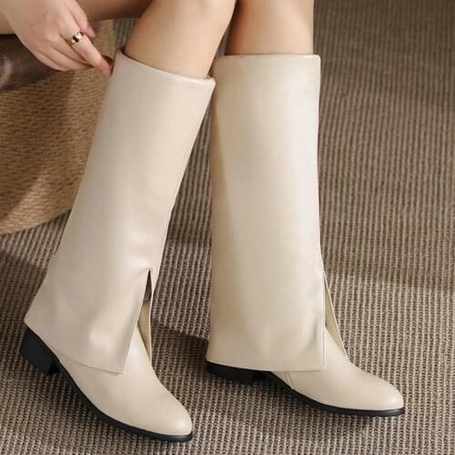 2021 Autumn Womens Shoes Fashion Western Boots Pointed Toe Mid Heel Turned-over Edge Knee High Boots Winter Warm Modern Boots