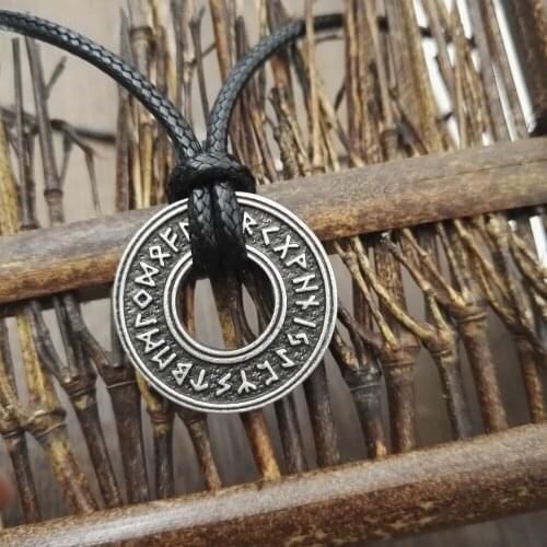 Viking Helmet Rune Coin Necklace Magical Barrier Mens Amulet Pendant Luna 23" Long Wax Rope Necklaces