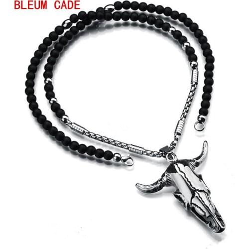 Punk Stainless Steel Ox Head Skull Pendant Necklace Beads Chain Gothic Animal Head Lucky Jewelry for Men