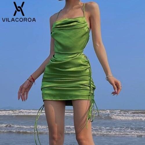 Sexy Shirring Bodycon Folds Green Dresses Womens Clothes Bandage Backless Pullover Dress Streetwear Spaghetti Strap Dresses