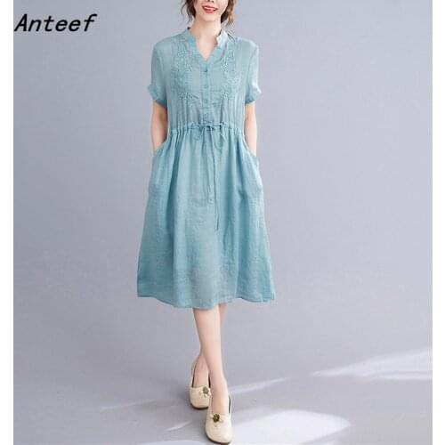 Short sleeve cotton linen vintage floral embroidery dresses for women casual loose summer dress elegant clothes 2021