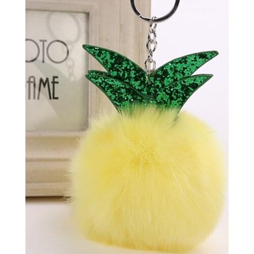 Original New Fluffy Fur Ball Pompom Pineapple Keychain Women Pompom Rabbit Fur Key Chain Holder Car Bag Charm Jewelry Gift