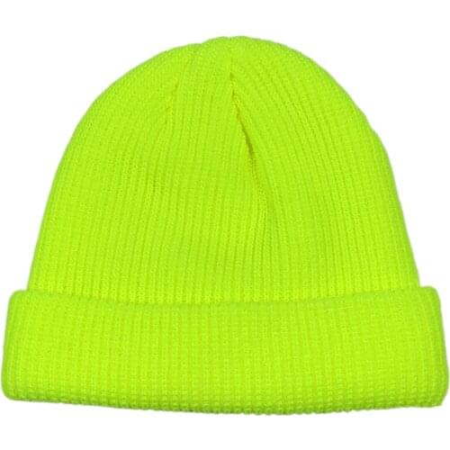 Short Plain Cuffed Hat Beanies Women Men Winter Knit Skull Cap Hip Hop Streetwear Neon Yellow Neon Orange Bright Green