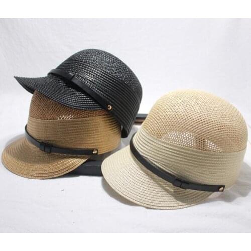 Women Summer Straw Caps Vintage Sun Hat Solid Belt Buckle Peaked Caps Female Breathable Fashion Straw