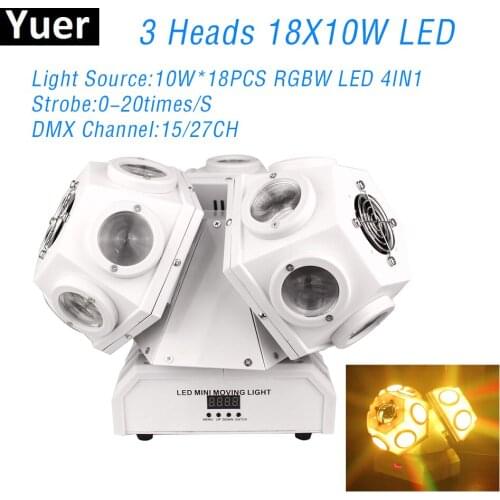 18X10W RGBW 4IN1 LED 3 Head Stage Moving Head Light DMX512 DJ Disco Light 15/27CH Strobe Effect Wedding Party Moving Head Lights