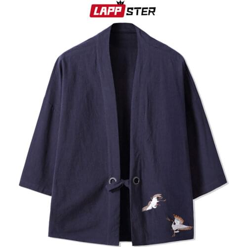 LAPPSTER Streetwear Kimono Cardigan Summer Tops For Men 2021 Crane Embroidery Casual Shirts Male Harajuku Vintage Clothing 5XL