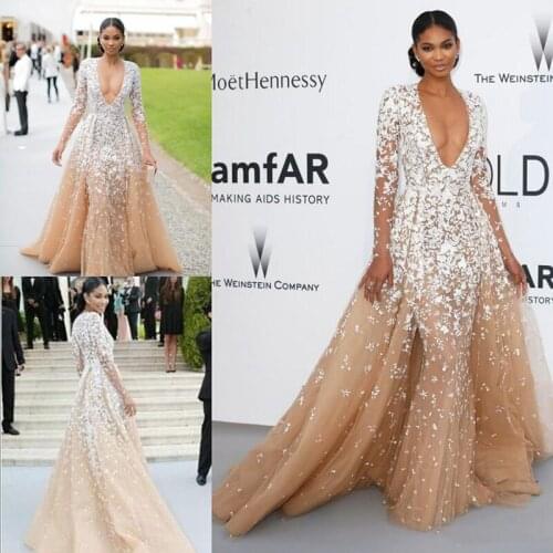 2020 Zuhair Murad Evening Gowns Long Sleeves Champagne Tulle Formal Cleberity Pageant Deep V Neck Applique Prom Party Dress Swee