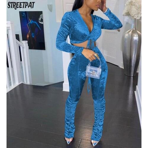 Velvet Tracksuit Bandage Two Piece Set Long Sleeve Crop Top And Stacked Pants Sets 2021 Sexy Velour Party Club Vacation Outfits