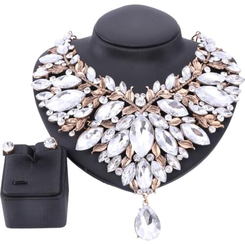 Vintage Gold Color Jewelry Sets Women Wedding Party Accessories Bridal Clear Rhinestone Crystal Necklace Earrings Holiday Set