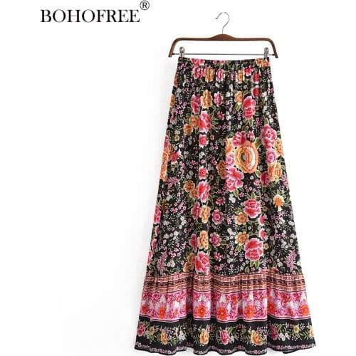 New Floral Print Elastic Waist Maxi Hippie Skirts Casual Women Long Fadal Bohemian RayonCotton Summer Skirts skirts womens