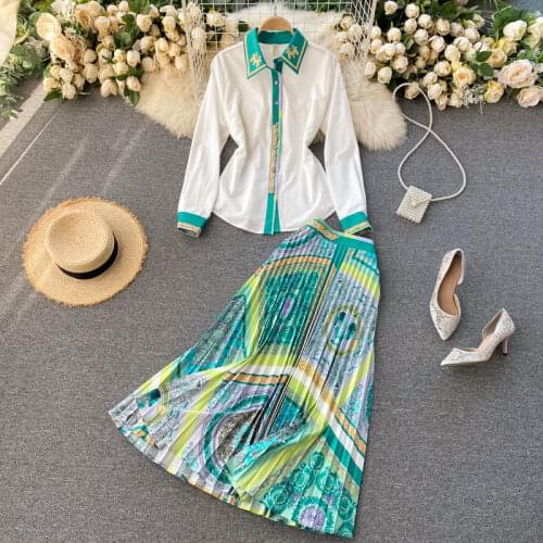 Menahem Fashion Runway Midi Skirt Sets Womens Long Sleeve Contrast Color Green White Shirt and Pleated Skirts Two Piece Suit